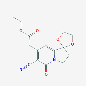 molecular formula C15H16N2O5 B121252 6'-Cyano-2',3'-dihydro-5'-oxo-spiro[1,3-dioxolane-2,1'(5'H)-indolizine]-7'-acetic Acid Ethyl Ester CAS No. 58610-65-4