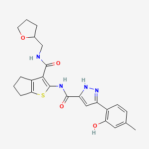 molecular formula C24H26N4O4S B12126539 5-(2-hydroxy-4-methylphenyl)-N-{3-[(tetrahydrofuran-2-ylmethyl)carbamoyl]-5,6-dihydro-4H-cyclopenta[b]thiophen-2-yl}-1H-pyrazole-3-carboxamide 