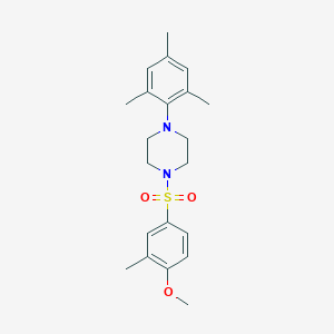 molecular formula C21H28N2O3S B12126860 1-(4-Methoxy-3-methylbenzenesulfonyl)-4-(2,4,6-trimethylphenyl)piperazine 