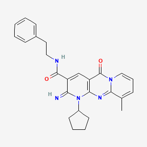 molecular formula C26H27N5O2 B12127659 7-cyclopentyl-6-imino-11-methyl-2-oxo-N-(2-phenylethyl)-1,7,9-triazatricyclo[8.4.0.0^{3,8}]tetradeca-3(8),4,9,11,13-pentaene-5-carboxamide 