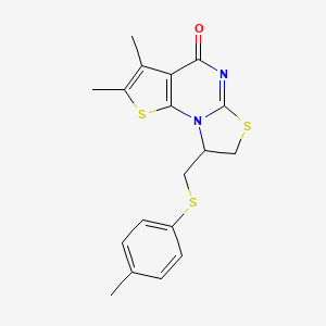 molecular formula C18H18N2OS3 B12127839 2,3-dimethyl-8-((p-tolylthio)methyl)-7,8-dihydro-4H-thiazolo[3,2-a]thieno[3,2-e]pyrimidin-4-one 