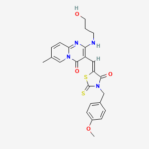 molecular formula C24H24N4O4S2 B12128374 2-[(3-hydroxypropyl)amino]-3-{(Z)-[3-(4-methoxybenzyl)-4-oxo-2-thioxo-1,3-thiazolidin-5-ylidene]methyl}-7-methyl-4H-pyrido[1,2-a]pyrimidin-4-one 