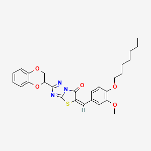 molecular formula C27H29N3O5S B12128615 (5E)-2-(2,3-dihydro-1,4-benzodioxin-2-yl)-5-[4-(heptyloxy)-3-methoxybenzylidene][1,3]thiazolo[3,2-b][1,2,4]triazol-6(5H)-one 