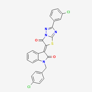 molecular formula C25H14Cl2N4O2S B12128870 (3Z)-1-(4-chlorobenzyl)-3-[2-(3-chlorophenyl)-6-oxo[1,3]thiazolo[3,2-b][1,2,4]triazol-5(6H)-ylidene]-1,3-dihydro-2H-indol-2-one 