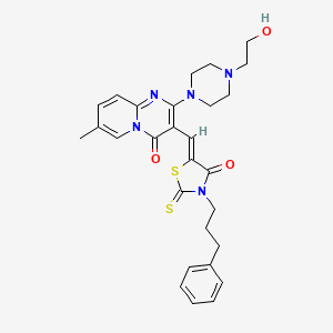 molecular formula C28H31N5O3S2 B12129042 2-[4-(2-hydroxyethyl)piperazin-1-yl]-7-methyl-3-{(Z)-[4-oxo-3-(3-phenylpropyl)-2-thioxo-1,3-thiazolidin-5-ylidene]methyl}-4H-pyrido[1,2-a]pyrimidin-4-one 