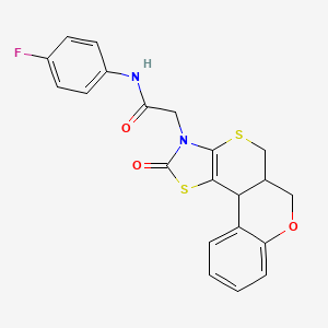 molecular formula C21H17FN2O3S2 B12129171 N-(4-fluorophenyl)-2-(10-oxo(7H,11bH,6aH-1,3-thiazolino[5',4'-6,5]thiino[3,4-c]chroman-9-yl))acetamide 