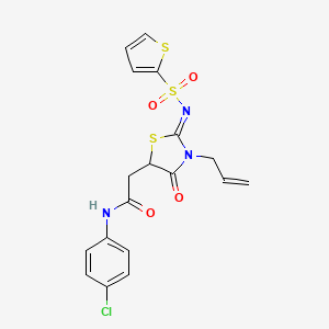 molecular formula C18H16ClN3O4S3 B12129316 N-(4-chlorophenyl)-2-{(2Z)-4-oxo-3-(prop-2-en-1-yl)-2-[(thiophen-2-ylsulfonyl)imino]-1,3-thiazolidin-5-yl}acetamide 