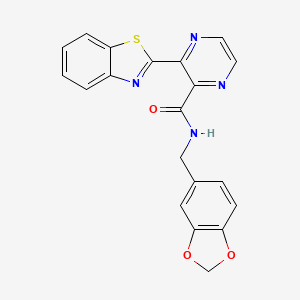 molecular formula C20H14N4O3S B12129606 N-(1,3-benzodioxol-5-ylmethyl)-3-(1,3-benzothiazol-2-yl)pyrazine-2-carboxamide 