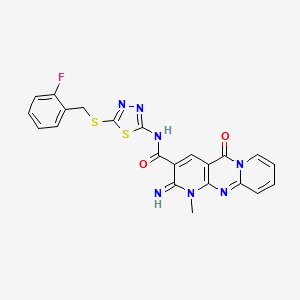 molecular formula C22H16FN7O2S2 B12129742 N-[5-[(2-fluorophenyl)methylsulfanyl]-1,3,4-thiadiazol-2-yl]-6-imino-7-methyl-2-oxo-1,7,9-triazatricyclo[8.4.0.03,8]tetradeca-3(8),4,9,11,13-pentaene-5-carboxamide 