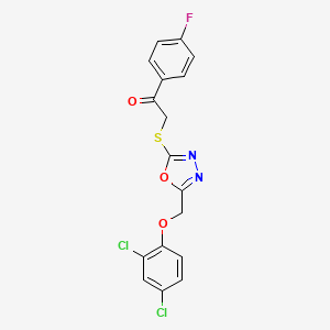 molecular formula C17H11Cl2FN2O3S B12130003 2-({5-[(2,4-Dichlorophenoxy)methyl]-1,3,4-oxadiazol-2-yl}sulfanyl)-1-(4-fluorophenyl)ethanone 