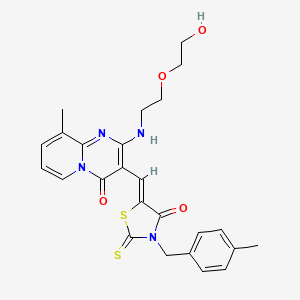 molecular formula C25H26N4O4S2 B12130744 2-{[2-(2-hydroxyethoxy)ethyl]amino}-9-methyl-3-{(Z)-[3-(4-methylbenzyl)-4-oxo-2-thioxo-1,3-thiazolidin-5-ylidene]methyl}-4H-pyrido[1,2-a]pyrimidin-4-one 