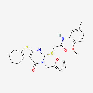 molecular formula C25H25N3O4S2 B12130819 2-[3-(2-furylmethyl)-4-oxo(3,5,6,7,8-pentahydrobenzo[b]thiopheno[2,3-d]pyrimid in-2-ylthio)]-N-(2-methoxy-5-methylphenyl)acetamide 