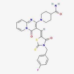 molecular formula C25H22FN5O3S2 B12132260 1-(3-{(Z)-[3-(4-fluorobenzyl)-4-oxo-2-thioxo-1,3-thiazolidin-5-ylidene]methyl}-4-oxo-4H-pyrido[1,2-a]pyrimidin-2-yl)piperidine-4-carboxamide 