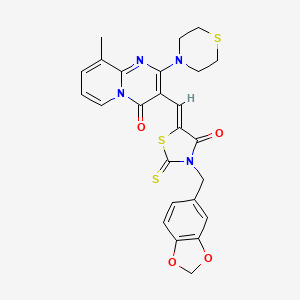 molecular formula C25H22N4O4S3 B12132634 3-{(Z)-[3-(1,3-benzodioxol-5-ylmethyl)-4-oxo-2-thioxo-1,3-thiazolidin-5-ylidene]methyl}-9-methyl-2-(thiomorpholin-4-yl)-4H-pyrido[1,2-a]pyrimidin-4-one 