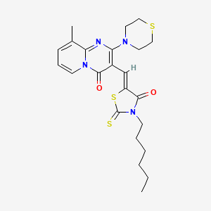 molecular formula C23H28N4O2S3 B12133156 3-[(Z)-(3-hexyl-4-oxo-2-thioxo-1,3-thiazolidin-5-ylidene)methyl]-9-methyl-2-(thiomorpholin-4-yl)-4H-pyrido[1,2-a]pyrimidin-4-one 