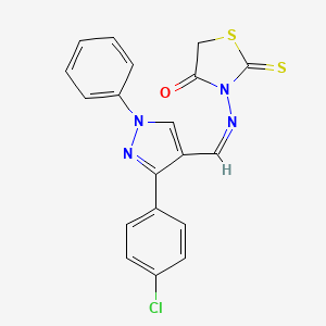 molecular formula C19H13ClN4OS2 B12133313 (Z)-3-(((3-(4-chlorophenyl)-1-phenyl-1H-pyrazol-4-yl)methylene)amino)-2-thioxothiazolidin-4-one 