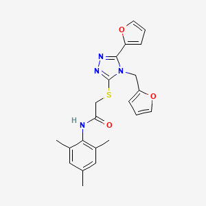 molecular formula C22H22N4O3S B12133347 2-{[5-(furan-2-yl)-4-(furan-2-ylmethyl)-4H-1,2,4-triazol-3-yl]sulfanyl}-N-(2,4,6-trimethylphenyl)acetamide 