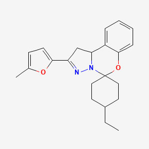 molecular formula C22H26N2O2 B12133559 14-ethyl-9-(5-methyl(2-furyl))spiro[10aH-benzo[e]2-pyrazolino[1,5-c]1,3-oxazin e-6,4'-cyclohexane] 