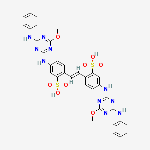 molecular formula C34H30N10O8S2 B1213409 苯磺酸，2,2'-(1,2-亚乙烯基)双[5-[[4-甲氧基-6-(苯氨基)-1,3,5-三嗪-2-基]氨基]- CAS No. 7342-13-4