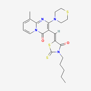 molecular formula C22H26N4O2S3 B12134217 9-methyl-3-[(Z)-(4-oxo-3-pentyl-2-thioxo-1,3-thiazolidin-5-ylidene)methyl]-2-(thiomorpholin-4-yl)-4H-pyrido[1,2-a]pyrimidin-4-one 