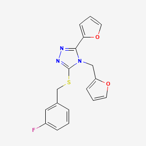 molecular formula C18H14FN3O2S B12134266 3-[(3-Fluorophenyl)methylthio]-5-(2-furyl)-4-(2-furylmethyl)-1,2,4-triazole 