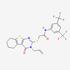 molecular formula C23H19F6N3O2S2 B12134342 N-[3,5-bis(trifluoromethyl)phenyl]-2-{[4-oxo-3-(prop-2-en-1-yl)-3,4,5,6,7,8-hexahydro[1]benzothieno[2,3-d]pyrimidin-2-yl]sulfanyl}acetamide 