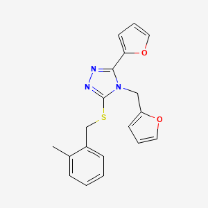 molecular formula C19H17N3O2S B12134908 5-(2-Furyl)-4-(2-furylmethyl)-3-[(2-methylphenyl)methylthio]-1,2,4-triazole 