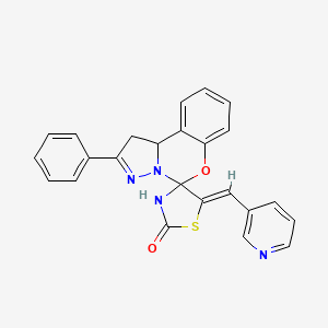 molecular formula C24H18N4O2S B12135148 14-phenyl-5-(3-pyridylmethylene)spiro[1,3-thiazolidine-4,6'-10aH-benzo[e]2-pyr azolino[1,5-c]1,3-oxazine]-2-one 