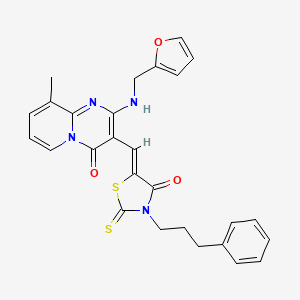 molecular formula C27H24N4O3S2 B12135368 2-[(furan-2-ylmethyl)amino]-9-methyl-3-{(Z)-[4-oxo-3-(3-phenylpropyl)-2-thioxo-1,3-thiazolidin-5-ylidene]methyl}-4H-pyrido[1,2-a]pyrimidin-4-one 