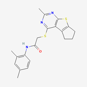 molecular formula C20H21N3OS2 B12135388 N-(2,4-dimethylphenyl)-2-({10-methyl-7-thia-9,11-diazatricyclo[6.4.0.0^{2,6}]dodeca-1(12),2(6),8,10-tetraen-12-yl}sulfanyl)acetamide 