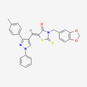 molecular formula C28H21N3O3S2 B12135528 (5Z)-3-(1,3-benzodioxol-5-ylmethyl)-5-{[3-(4-methylphenyl)-1-phenyl-1H-pyrazol-4-yl]methylidene}-2-thioxo-1,3-thiazolidin-4-one 