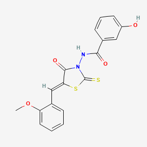 molecular formula C18H14N2O4S2 B12136923 (Z)-3-hydroxy-N-(5-(2-methoxybenzylidene)-4-oxo-2-thioxothiazolidin-3-yl)benzamide 