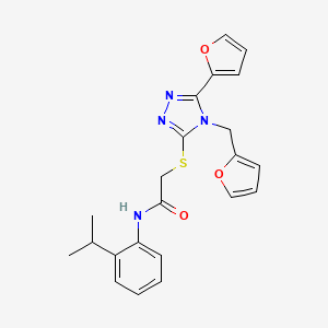 molecular formula C22H22N4O3S B12136978 2-{[5-(furan-2-yl)-4-(furan-2-ylmethyl)-4H-1,2,4-triazol-3-yl]sulfanyl}-N-[2-(propan-2-yl)phenyl]acetamide 