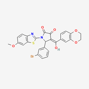 molecular formula C27H19BrN2O6S B12137603 (4E)-5-(3-bromophenyl)-4-[2,3-dihydro-1,4-benzodioxin-6-yl(hydroxy)methylidene]-1-(6-methoxy-1,3-benzothiazol-2-yl)pyrrolidine-2,3-dione 