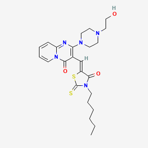 molecular formula C24H31N5O3S2 B12138752 3-[(Z)-(3-hexyl-4-oxo-2-thioxo-1,3-thiazolidin-5-ylidene)methyl]-2-[4-(2-hydroxyethyl)piperazin-1-yl]-4H-pyrido[1,2-a]pyrimidin-4-one 