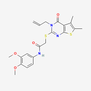 molecular formula C21H23N3O4S2 B12139012 N-(3,4-dimethoxyphenyl)-2-{[5,6-dimethyl-4-oxo-3-(prop-2-en-1-yl)-3,4-dihydrothieno[2,3-d]pyrimidin-2-yl]sulfanyl}acetamide 