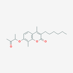 molecular formula C21H28O4 B12139552 3-hexyl-4,8-dimethyl-7-((3-oxobutan-2-yl)oxy)-2H-chromen-2-one 