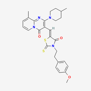 molecular formula C28H30N4O3S2 B12139835 3-[(Z)-{3-[2-(4-methoxyphenyl)ethyl]-4-oxo-2-thioxo-1,3-thiazolidin-5-ylidene}methyl]-9-methyl-2-(4-methylpiperidin-1-yl)-4H-pyrido[1,2-a]pyrimidin-4-one 