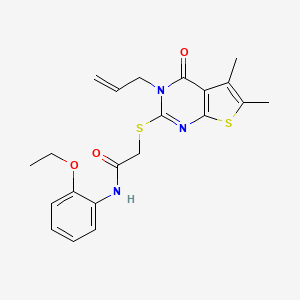 molecular formula C21H23N3O3S2 B12139887 2-{[5,6-dimethyl-4-oxo-3-(prop-2-en-1-yl)-3,4-dihydrothieno[2,3-d]pyrimidin-2-yl]sulfanyl}-N-(2-ethoxyphenyl)acetamide 