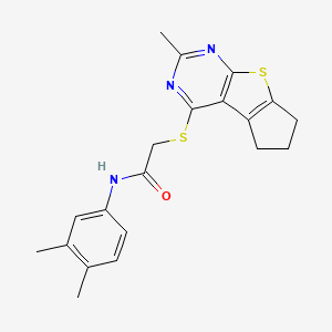 molecular formula C20H21N3OS2 B12140320 N-(3,4-dimethylphenyl)-2-({10-methyl-7-thia-9,11-diazatricyclo[6.4.0.0^{2,6}]dodeca-1(12),2(6),8,10-tetraen-12-yl}sulfanyl)acetamide 