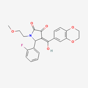 molecular formula C22H20FNO6 B12141039 (4E)-4-[2,3-dihydro-1,4-benzodioxin-6-yl(hydroxy)methylidene]-5-(2-fluorophenyl)-1-(2-methoxyethyl)pyrrolidine-2,3-dione 