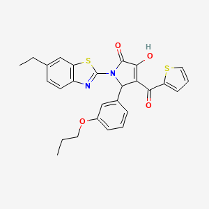 molecular formula C27H24N2O4S2 B12141593 (4E)-1-(6-ethyl-1,3-benzothiazol-2-yl)-4-[hydroxy(thiophen-2-yl)methylidene]-5-(3-propoxyphenyl)pyrrolidine-2,3-dione 