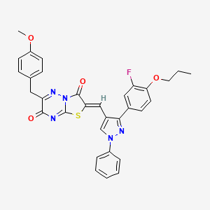 (2Z)-2-{[3-(3-fluoro-4-propoxyphenyl)-1-phenyl-1H-pyrazol-4-yl]methylidene}-6-(4-methoxybenzyl)-7H-[1,3]thiazolo[3,2-b][1,2,4]triazine-3,7(2H)-dione