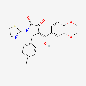 molecular formula C23H18N2O5S B12143327 (4E)-4-[2,3-dihydro-1,4-benzodioxin-6-yl(hydroxy)methylidene]-5-(4-methylphenyl)-1-(1,3-thiazol-2-yl)pyrrolidine-2,3-dione 