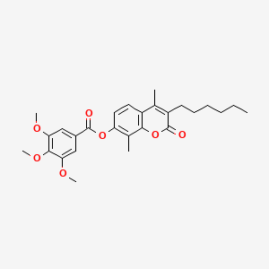 molecular formula C27H32O7 B12143362 3-hexyl-4,8-dimethyl-2-oxo-2H-chromen-7-yl 3,4,5-trimethoxybenzoate 