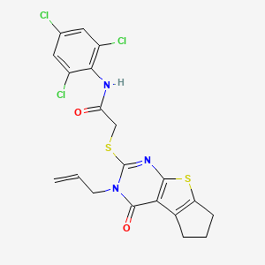 2-{[12-oxo-11-(prop-2-en-1-yl)-7-thia-9,11-diazatricyclo[6.4.0.0^{2,6}]dodeca-1(8),2(6),9-trien-10-yl]sulfanyl}-N-(2,4,6-trichlorophenyl)acetamide