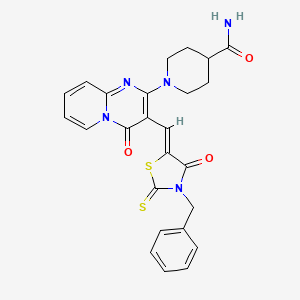 molecular formula C25H23N5O3S2 B12144124 (Z)-1-(3-((3-benzyl-4-oxo-2-thioxothiazolidin-5-ylidene)methyl)-4-oxo-4H-pyrido[1,2-a]pyrimidin-2-yl)piperidine-4-carboxamide 