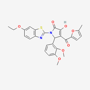 molecular formula C27H24N2O7S B12144153 (4E)-5-(2,3-dimethoxyphenyl)-1-(6-ethoxy-1,3-benzothiazol-2-yl)-4-[hydroxy(5-methylfuran-2-yl)methylidene]pyrrolidine-2,3-dione 