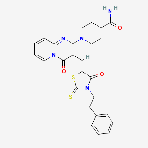 molecular formula C27H27N5O3S2 B12144157 1-(9-methyl-4-oxo-3-{(Z)-[4-oxo-3-(2-phenylethyl)-2-thioxo-1,3-thiazolidin-5-ylidene]methyl}-4H-pyrido[1,2-a]pyrimidin-2-yl)piperidine-4-carboxamide 