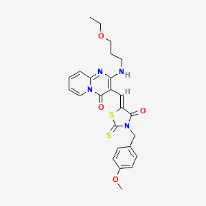 molecular formula C25H26N4O4S2 B12144233 2-[(3-ethoxypropyl)amino]-3-{(Z)-[3-(4-methoxybenzyl)-4-oxo-2-thioxo-1,3-thiazolidin-5-ylidene]methyl}-4H-pyrido[1,2-a]pyrimidin-4-one 